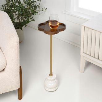 Jonathan Y Designs Colby 24.5 Classic Cottage Wood/Metal Drink Table and Decorative End Table with Quatrefoil Top and White Marble Base, Dark Brown/Gold
