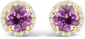 House of Brilliance 10K Gold Gemstone and 1/6 Cttw Diamond Halo Stud Earring in Yellow | Purple Amethyst at Nordstrom