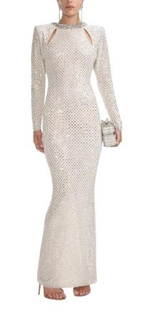 Self Portrait Cream Crystal Embellished Maxi Dress Size M