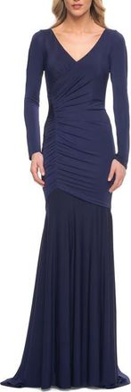 La Femme Ruched Jersey Evening Gown with Long Sleeves in Navy at Nordstrom, Size 16