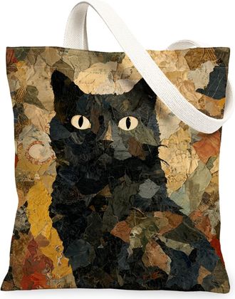 Generic Vintage Artistic Cat Canvas Tote Bags, Reusable Grocery Bags for Outdoor Travel, Lightweight Washable Shoulder Strap Canvas, Black, 13x15 Inch