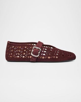 Alaia Vienne Perforated Suede Buckle Ballerina Flats