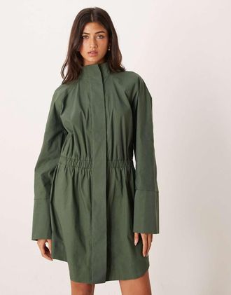 Asos Vestito camicia corto accollato grigio salvia con vita stretta-Verde