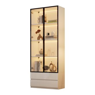 STILVORA Vitrina Librer&iacute;a Con 2 Puertas De Vidrio, 2 Cajones Y Led, 6 Niveles, Para Sal&oacute;n, En Tablero De Part&iacute;culas, 80&times;34&times;200 Cm, Blanco