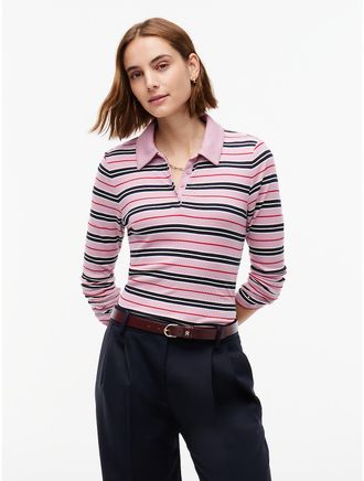 Tommy Hilfiger Womens Slim Fit Striped Rib-Knit Polo - Mystic Orchid Multi - XL