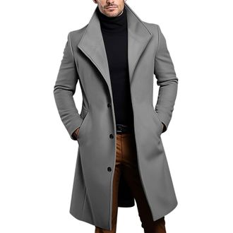 Generic Mens Trench Coat Long Jacket Notch Collar Trench Single Breasted Winter Warm Outerwear Casual Warm Outdoor Tweed Jacket