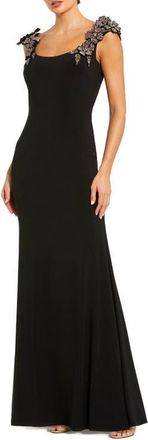 Mac Duggal Jersey Scoop Neck Gown with 3D Flower Details in Black at Nordstrom, Size 14