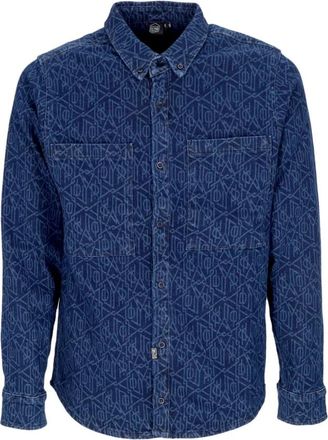 Dolly Noire Monogram Laser Shirt Blauw Indigo - Heren - Casual Overhemden - Blauw - L - Katoen - Overhemden