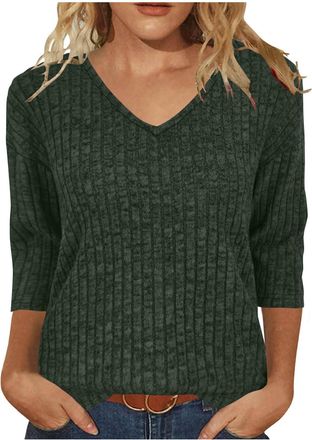 Generic Tunic Tops for Women Lightweight Jumper Ladies V Neck Sweaters Elegant 3/4 Sleeve Ladies Knitted Top Plain Casual Blouses Ribbed Thin Pullover T Shirt