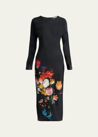 Dries Van Noten Floral Print Satin Long-Sleeve Midi Dress
