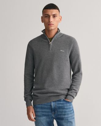GANT Troyer GANT COTTON PIQUE HALF ZIP, Herren, Gr. 5XL, grau (dunkelgrau melange), Strick, Obermaterial: 100% Baumwolle, meliert, normal h&uuml;ftlang, Rippstr