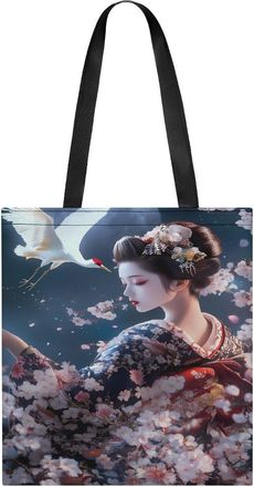 Generic Geisha Moon Flowers Crane Womens Tote Casual Shopping Bag Lightweight Shoulder Bags Hobos Handbag for Work Travel Daily 35x40cm