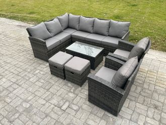 Fimous 10 Seater Rattan Lounge Corner Sofa Set Wicker PE Outdoor Garden Furniture Set with Coffee Table 2 Small Footstools in Dark Grey