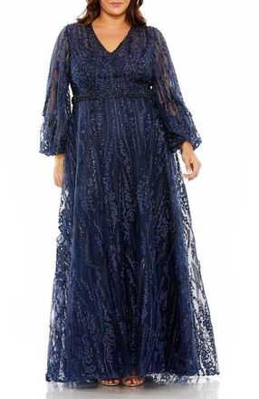 Mac Duggal V Neck Puff Sleeve Embroidered A Line Gown in Midnight at Nordstrom, Size 24W