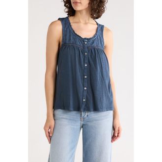 Lucky Brand Lace Trim Button Front Cotton Tank in Vintage Indigo at Nordstrom Rack, Size X-Large