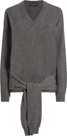 Dolce & Gabbana Bow-Detail V-Neck Sweater - Dames - Cashmere truien - Grijs - XS - Kasjmier - Truien & Vesten