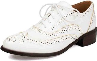 Generic Womens Wingtip Oxfords Two-Tone Brogue Shoes with Low Block Heel for Business and Daily Wear Comfort Fit Design Multiple Colors,White,6.5 UK