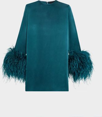 Sally Lapointe Satin Feather-Cuff Shift Dress