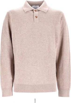 Lardini Beige Ribbed Knit Long-Sleeve Polo Shirt