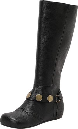 Generic Black Round Toe Flat Knee High Boots with Lace-Up and Belt Buckle Style for Women Winter Outings Pu Leather Comfortable and Lightweight