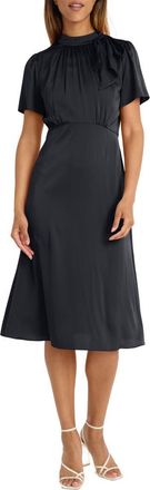 Maggy London Tie Neck Short Sleeve Charmeuse Midi Dress in Black at Nordstrom Rack, Size 18W (Similar To 16W)