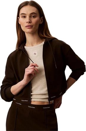 Calvin Klein Cropped Logo Elastische Rits Hoodie - Dames - Vesten met rits - Bruin - XS - Katoen - Hoodies & sweatvesten