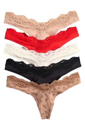 SKIMS 5-Pack Fits Everybody Lace Dipped Thong in Onyx And Sketched Hearts at Nordstrom, Size X-Large