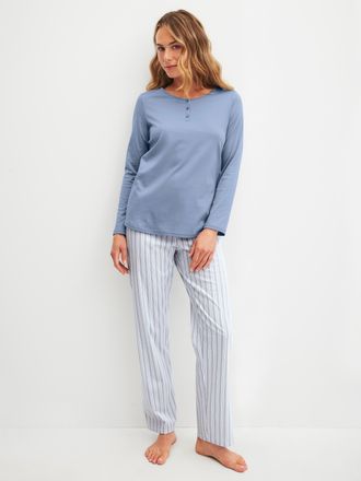 CALIDA Schlafanzug CALIDA Striped Dreams, Damen, Gr. XS (36/38), aura blau, Interlock, Obermaterial: 100% Baumwolle, bequem lang, Rundhals, Homewear-Sets Sch