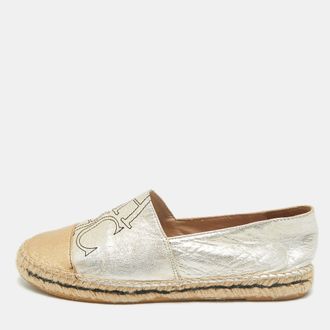 Carolina Herrera Silver/gold Leather Ch Logo Espadrille Flats