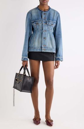 Balenciaga Distressed Organic Cotton Japanese Denim Hourglass Jacket in Aubergine at Nordstrom, Size 34