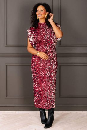 Astrid Mock Neck Animal Print Midi Dress In Wine Multi