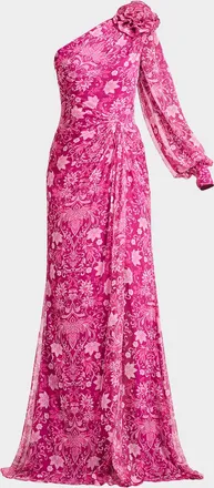 Tadashi Shoji One-Shoulder Draped Floral Gown
