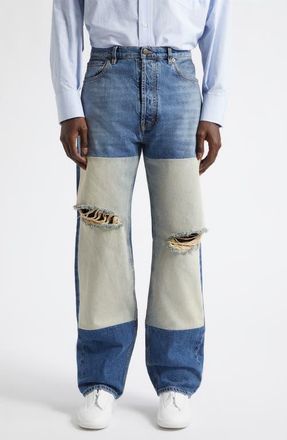 Maison Margiela Ripped Patched Panel Straight Leg Jeans in Medium Blue at Nordstrom, Size 30