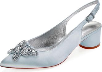 Generic Womens Chunky Heels Pointed Toe Wedding Shoes Satin Low Heels Elegant Bridal Slingback Party Evening Dress Shoes 4.5Cm,Silver,9 UK