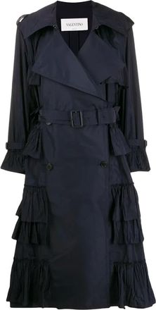 Valentino Trench Coats, female, Blue, XS, Double-Breasted Tiered Trench Coat
