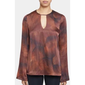 Santorelli Noa Long Sleeve Keyhole Silk Blouse in Abstract Printed Silk Blend in Hickory Brown at Nordstrom, Size 40 Long