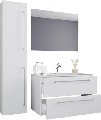 ebuy24 Ebuy24 - Vcm 4 Piezas Lavabo Lavabo Gabinete Inferior Ancho 80 Cm Muebles De Ba&ntilde;o Conjunto Con Cajones Espejo De Puertas Giratorias Badinos (blanco)