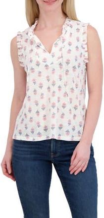 Lucky Brand Ruffle Split Neck Cotton Blend Tank in White Multi at Nordstrom Rack, Size X-Large