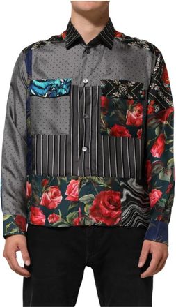 Dolce & Gabbana Patchwork Long Sleeves Silk Shirt - Heren - Casual Overhemden - Veelkleurig - M - Leer - Overhemden