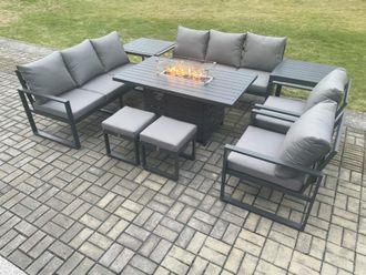 Fimous Aluminium Outdoor Garden Furniture Set Patio Lounge Sofa Gas Fire Pit Dining Table Set with 2 Small Footstools 2 Side Tables in Dark Grey