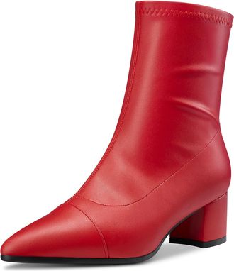 Castamere Chunky Block Mid Heel Pointed Cap Toe Ankle Boots Short Bootie Zipper Party Basic Classic 5 CM Heels Red 5.5 UK