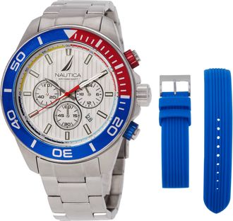 Nautica One Chronograph Quartz Silver Dial Pepsi Bezel Mens Box Set NAPNOF301