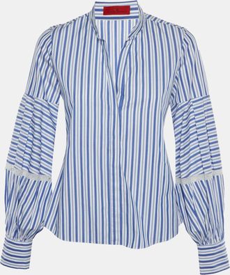 Carolina Herrera Blue/white Striped Cotton And Lace Trim Blouse