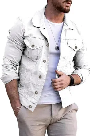 Yeprem Mens Jacket Mens Autumn Solid Color Denim Jacket Mens Casual Lapel Light Jacket Mens Button Front Multiple Pockets Long Sleeve Jacket All-Match E-Whit