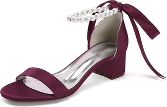 Generic Wedding Pearls Block Heels Sandals Open Toe Ankle Strap Bridal Evening Party Summer Satin Low Heel Shoes 4.5Cm,Burgundy,10 UK