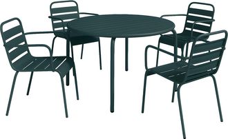 Vente-Unique Comedor de jard&iacute;n de metal - una mesa D.110cm y 4 sillas apilables - Verde abeto - MIRMANDE de MYLIA