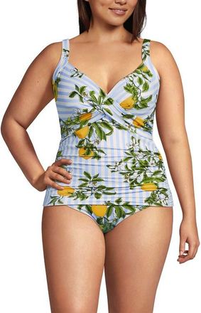 Lands End Plus Size Sweetheart Wrap Underwire Tankini Top in Soft Sky Blue/citrus Stripe at Nordstrom, Size 16W