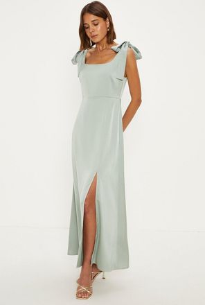 Oasis Womens Satin Tie Shoulder Midi Bridesmaids Dress - Sage Green - Size 16 UK