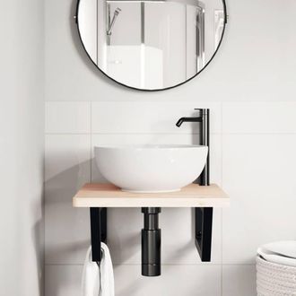 Berkfield Home Elegant Basin Shelf Wall Mounted Steel & Solid Wood Beech in Light Brown
