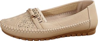 Generic Orthopedic Leather Shoes Lightweight Non Slip Breathable for Women Dressy Loafers Flat Driving Shoes Work Flat with Stitching Detail (Khaki, 4.5)